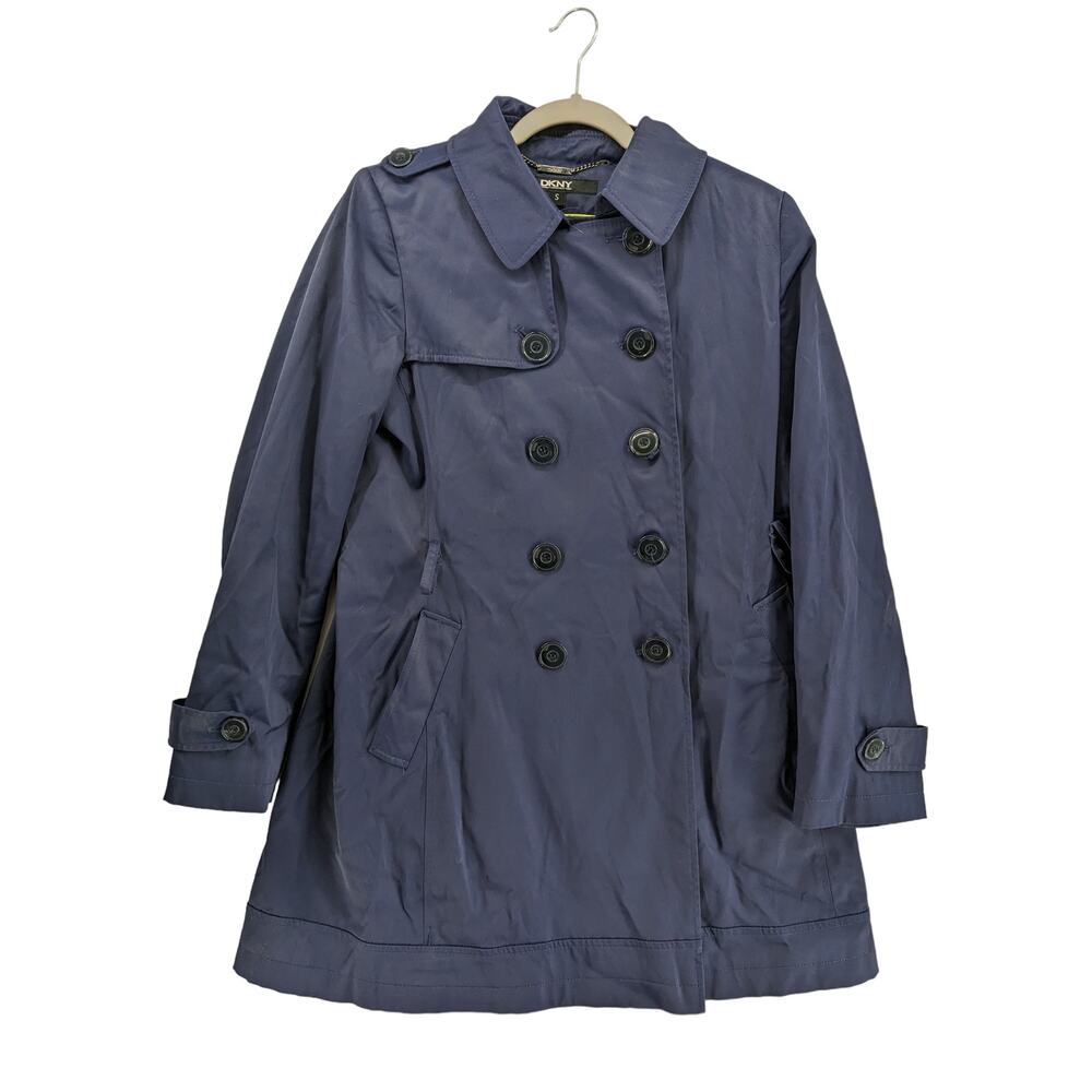 DKNY Double Breasted Trench Coat S Blue Mid Length Long Jacket Windbreaker Light